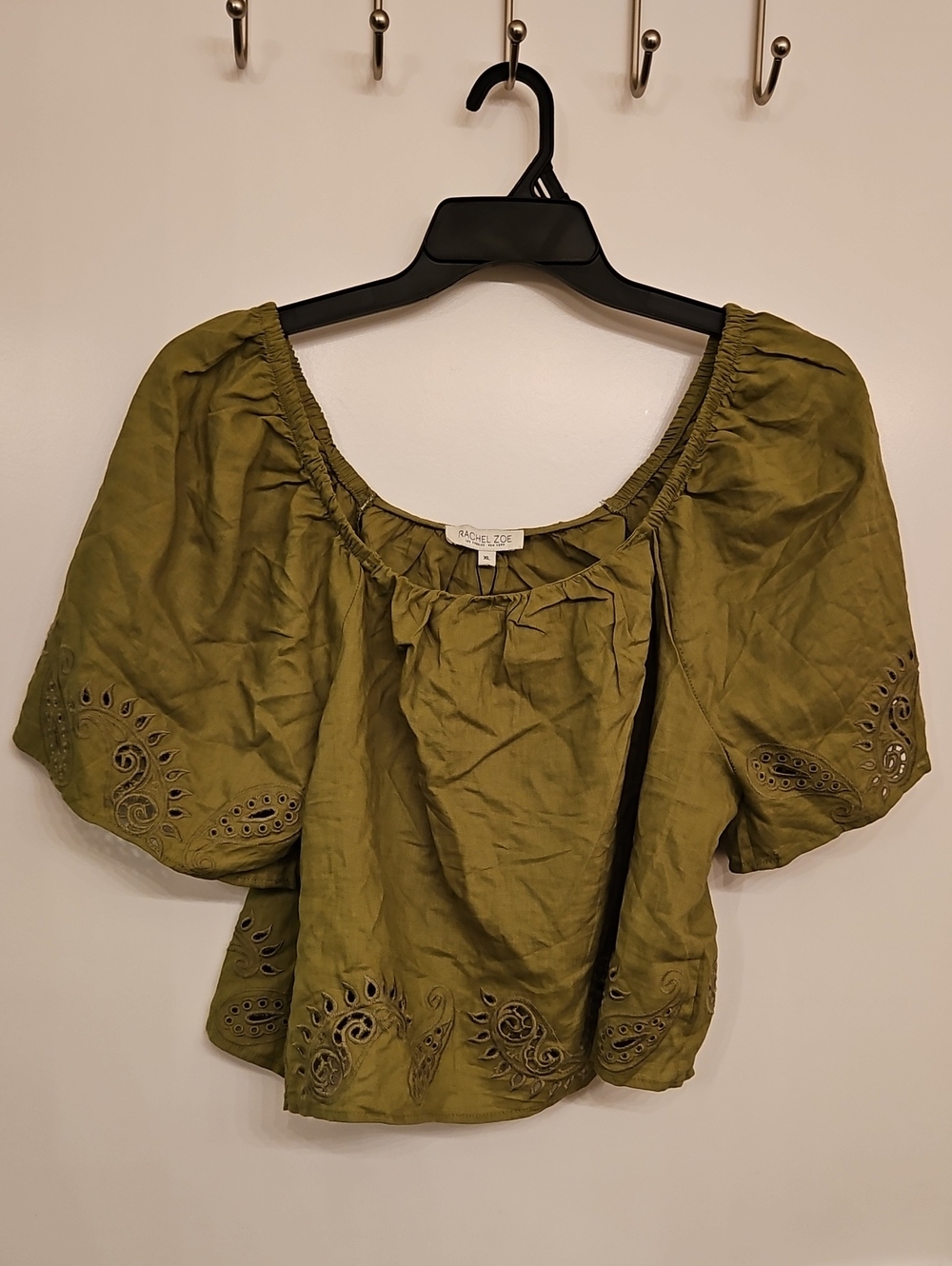 Rachel Zoe Womens Eyelet Off The Shoulder Top Olive Green Size XL NWT